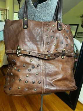 Costanza Rota Brown Italian Leather Studded Tote Bag Large Shoulder Purse